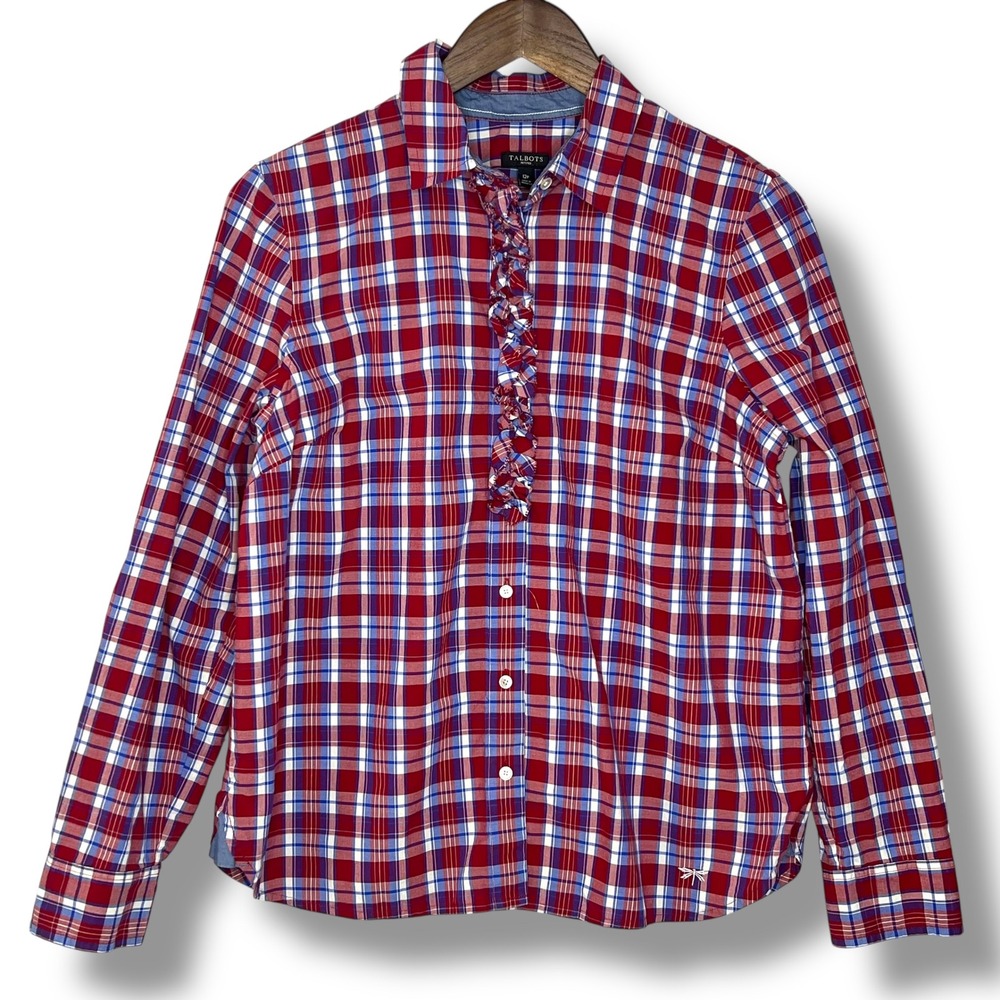 Talbots Petites Red‎ Blue Plaid Ruffle 100% Cotton Button Up Blouse 12P Preppy